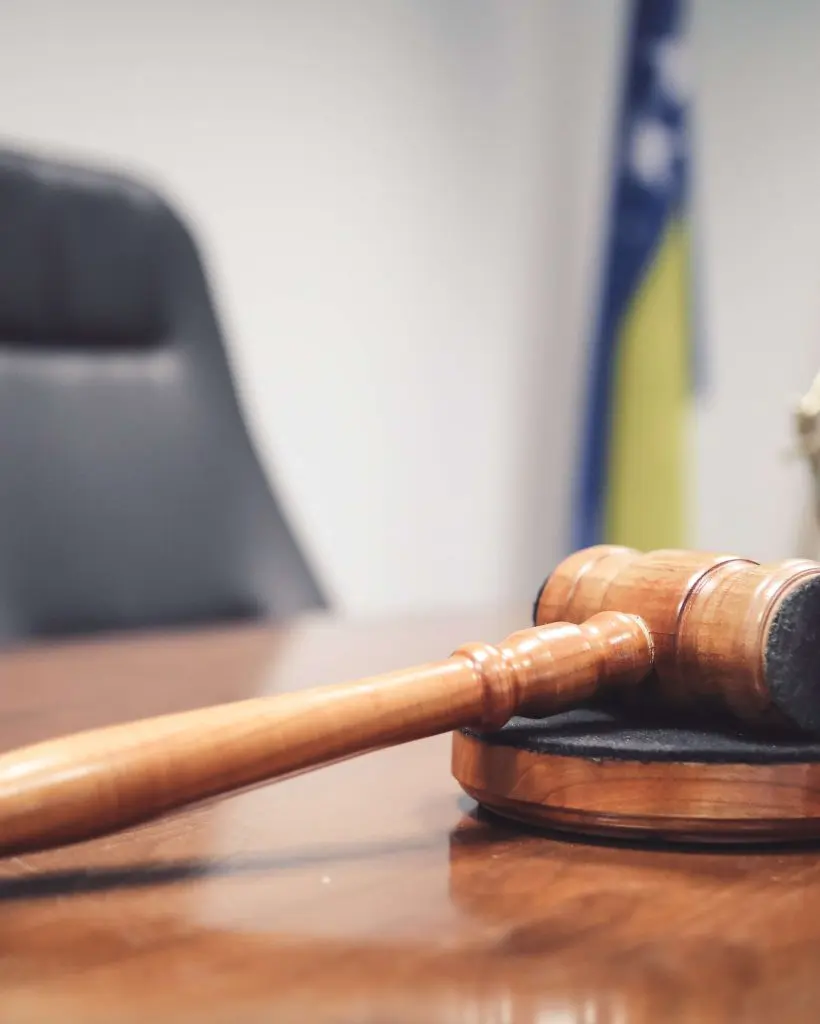 Shot of a wooden gavel in the court room